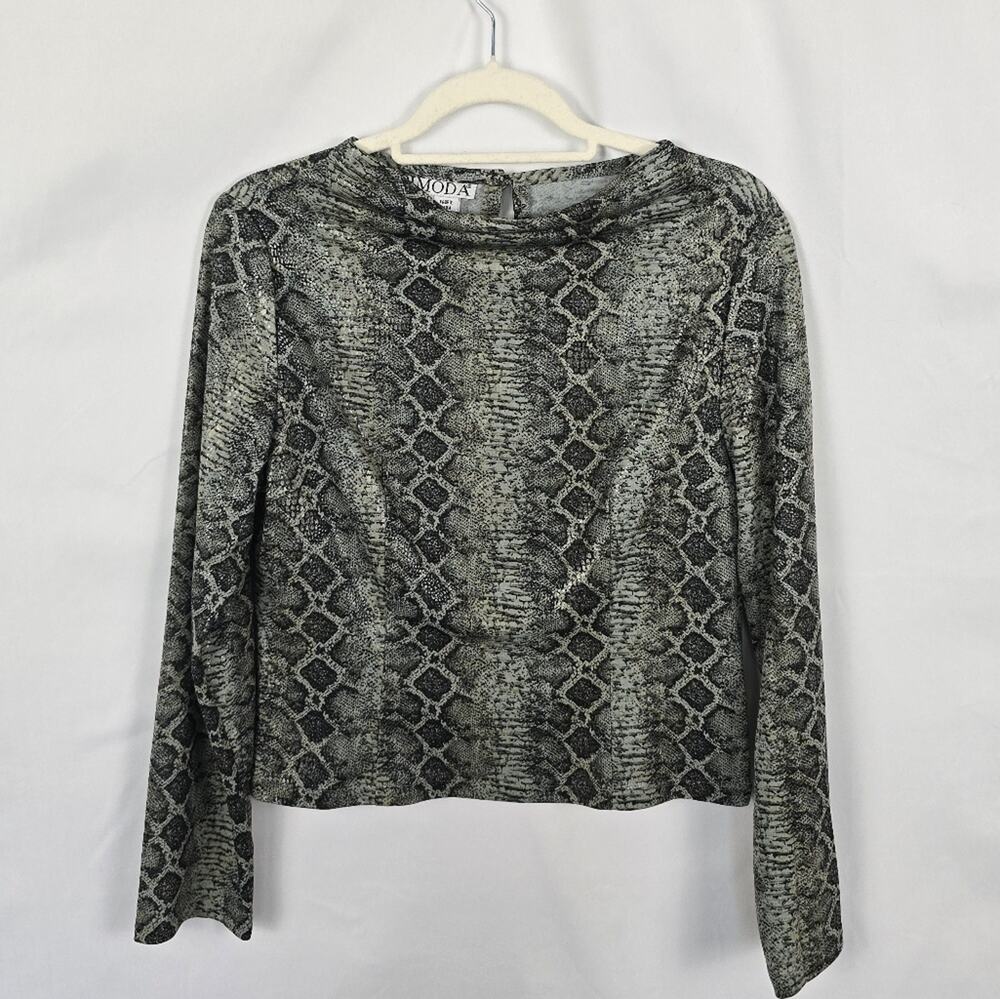 Pimoda Y2K Snake Print Cowl Neck Long Sleeve Top Green Black S/M